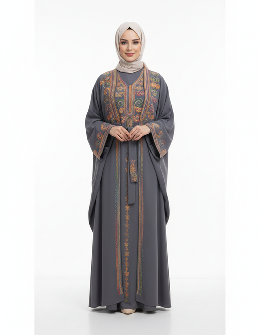 Şeyha abaya takımı rengi Gri, işlemeli, resmi yazlık abaya takımı