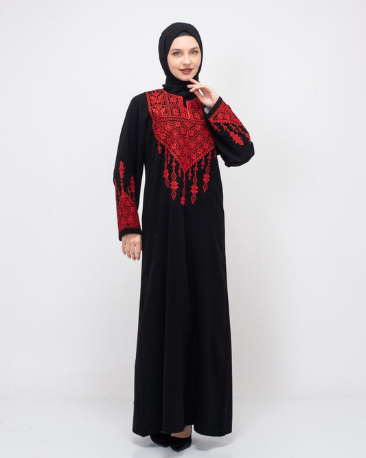 (Kırmızı)Filistin Desenli Nakışlı Safed Elbisesi
