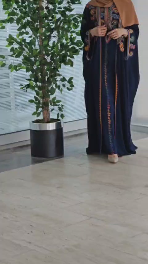 Şeyha abaya takımı lacivert, işlemeli, resmi yazlık abaya takımı
